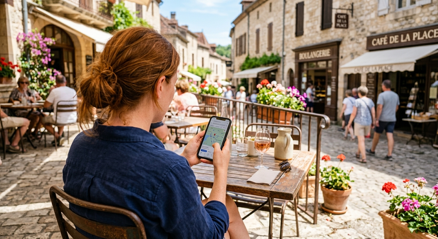 Personne cherchant un artisan sur son smartphone dans une rue de village