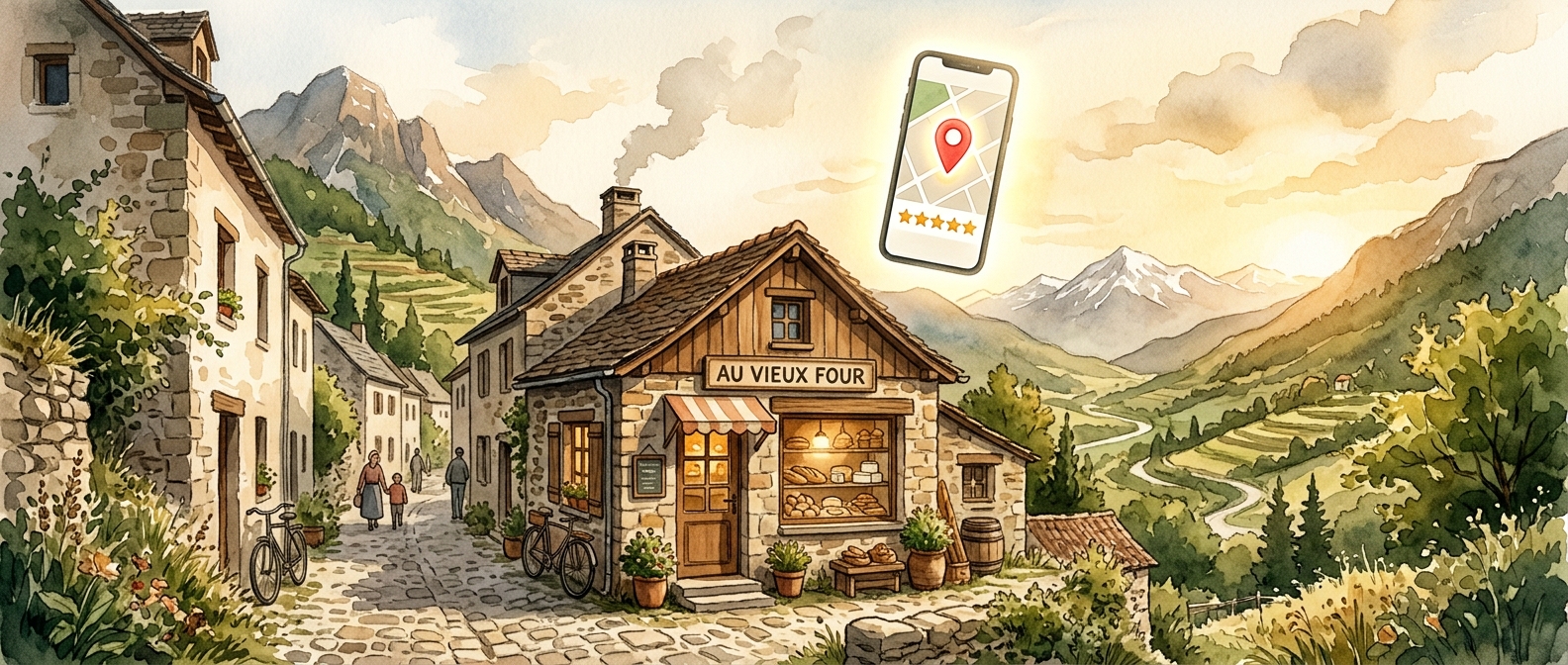 Illustration aquarelle d'un atelier artisan dans un village pyrénéen avec un smartphone affichant Google Maps