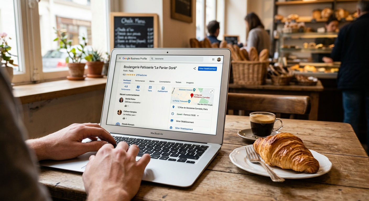 Un écran de Google Business Profile montrant les avis et la fiche d'une boulangerie