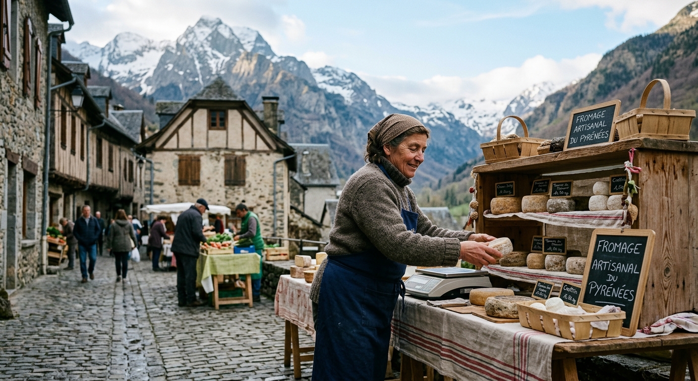 Marché artisanal dans un village des Pyrénées, producteur installant son étal