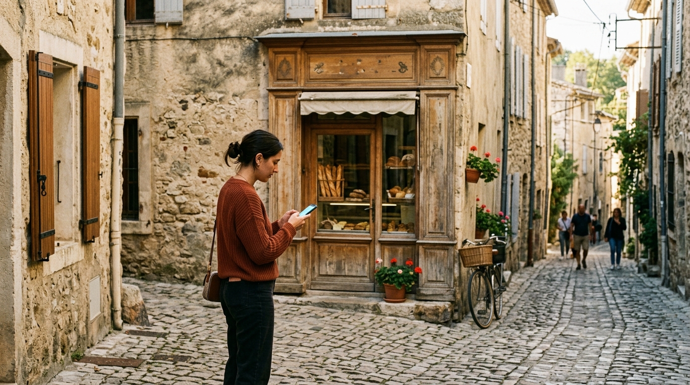 Une personne regarde son téléphone devant une boulangerie artisanale dans une rue de village