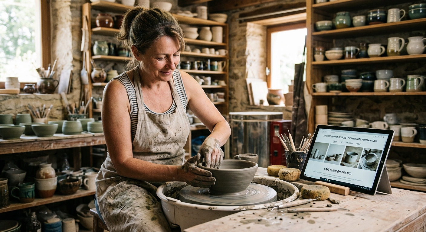 Une artisane dans son atelier avec une tablette montrant son site web professionnel