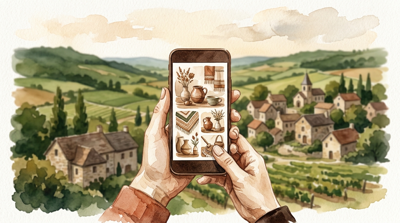 Illustration de mains tenant un smartphone avec un site artisan, paysage de campagne française